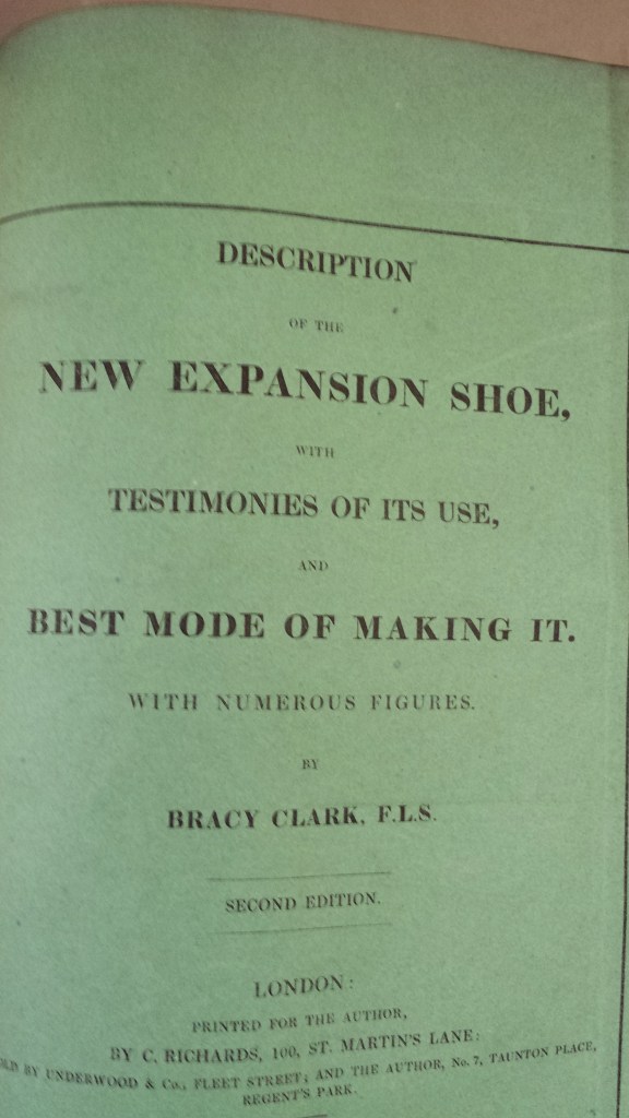 Bracy Clark, A description of a new horse shoe which expands to the foot invented by Bracy Clark (1827). Front cover