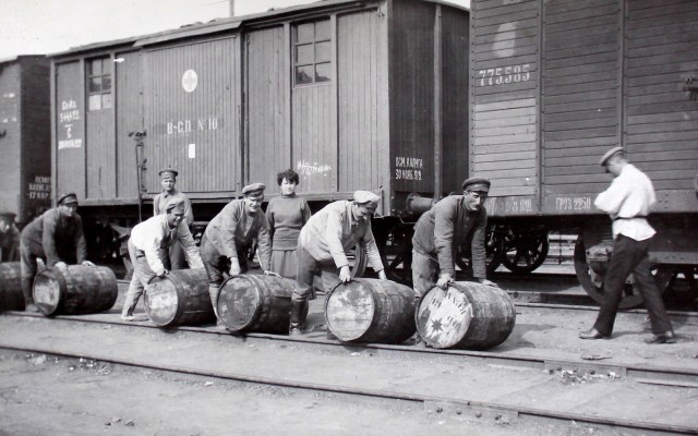 Unloading barrels of cod liver oil