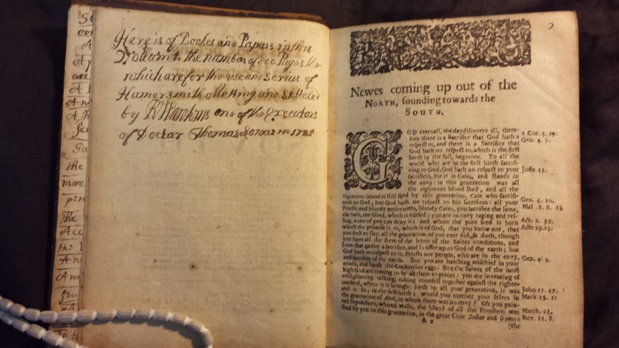 MS inscription by Hawkins to Hammersmith Meeting, 1725 (Hawkins Vol. 22)