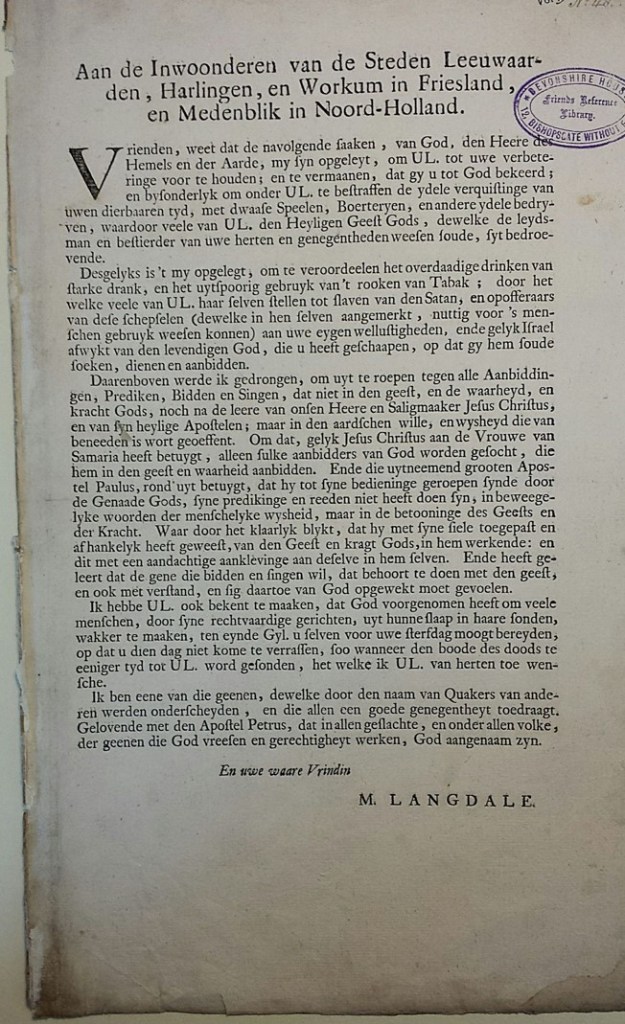 Langdale. Aan de Inwoonderen (1717)