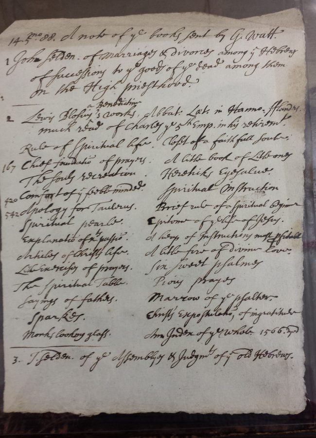 14.6mo.88. A note of ye books sent by G. Watt