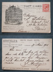 Armfield's Hotel postcard written in 1916