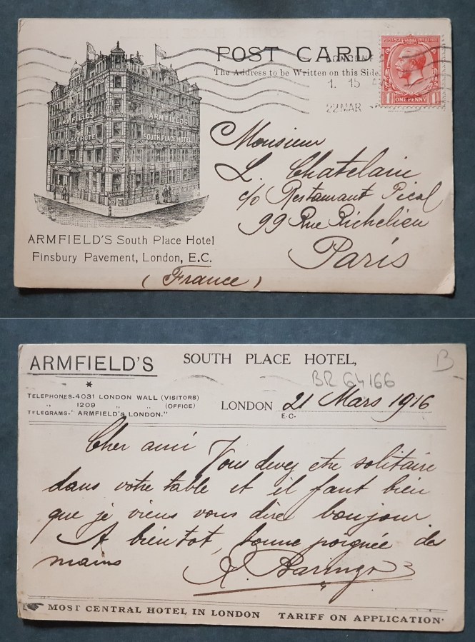 Armfield's Hotel postcard written in 1916