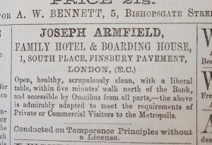 Advertisement for Armfields Hotel in The Friend (1857)
