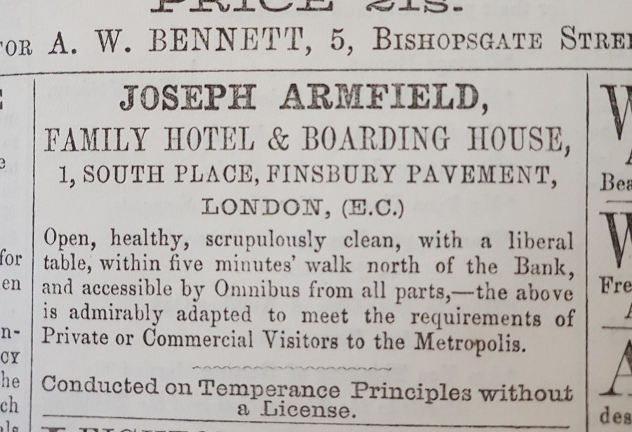 Advertisement for Armfields Hotel in The Friend (1857)