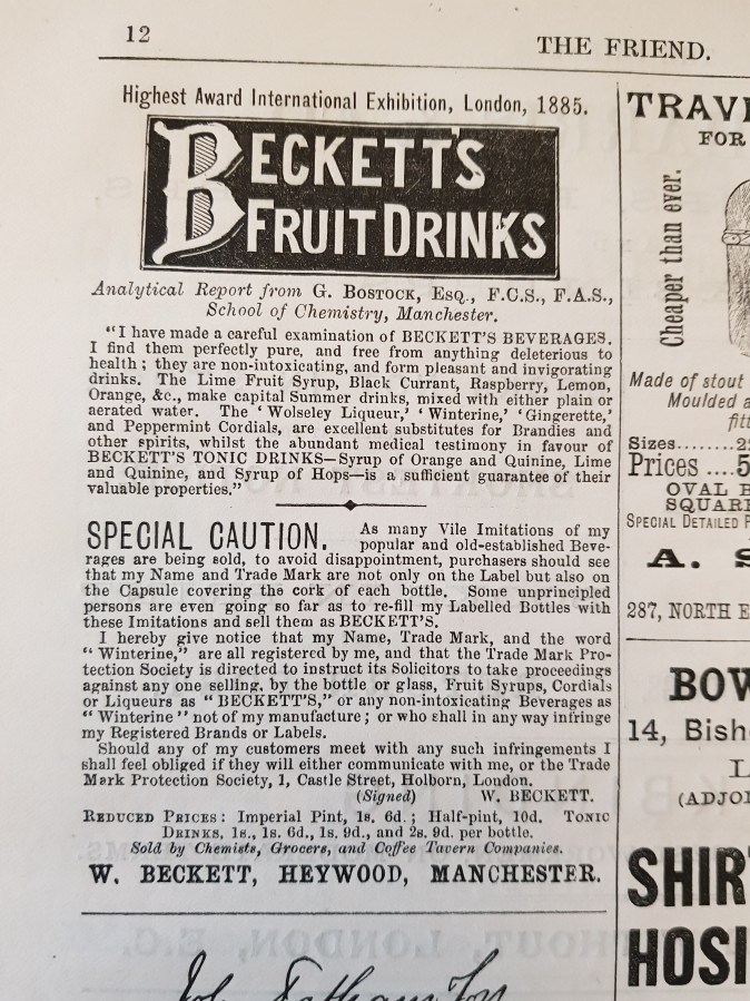 Advertisement for temperance drinks in The Friend