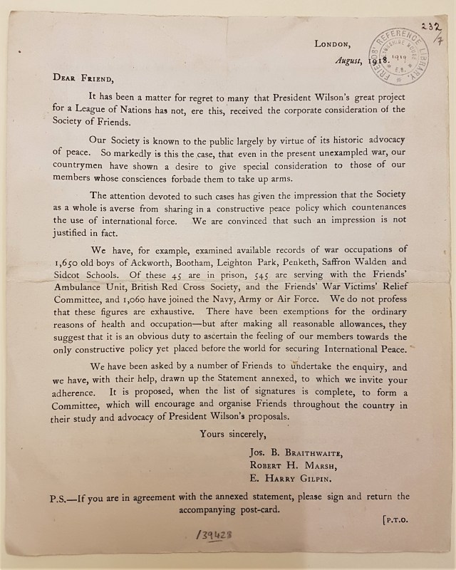 Letter inviting support for President Wilson's proposals