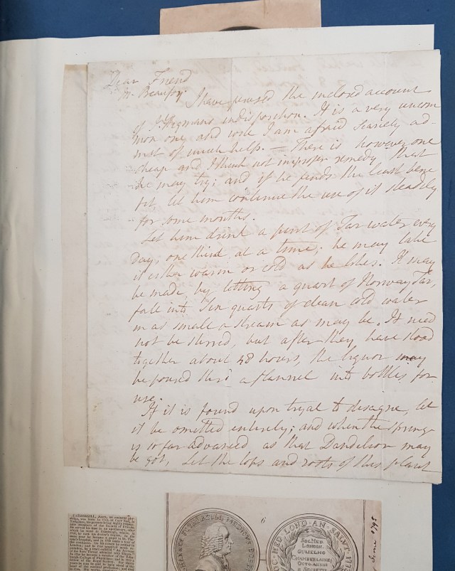 Letter from Dr Fothergill to Mark Beaufoy suggesting treatment for J. Higman's complaint