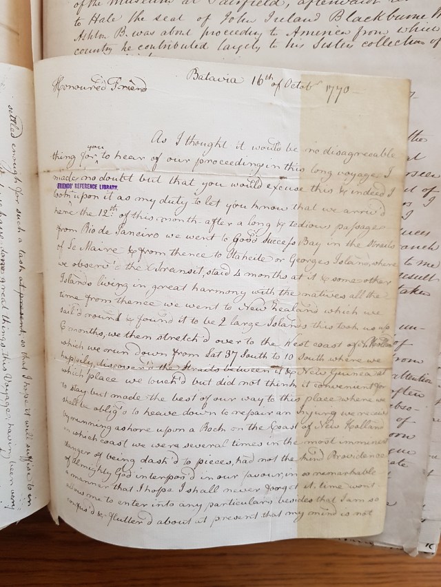 Letter to Dr Fothergill from Sydney Parkinson Portfolio 20.46